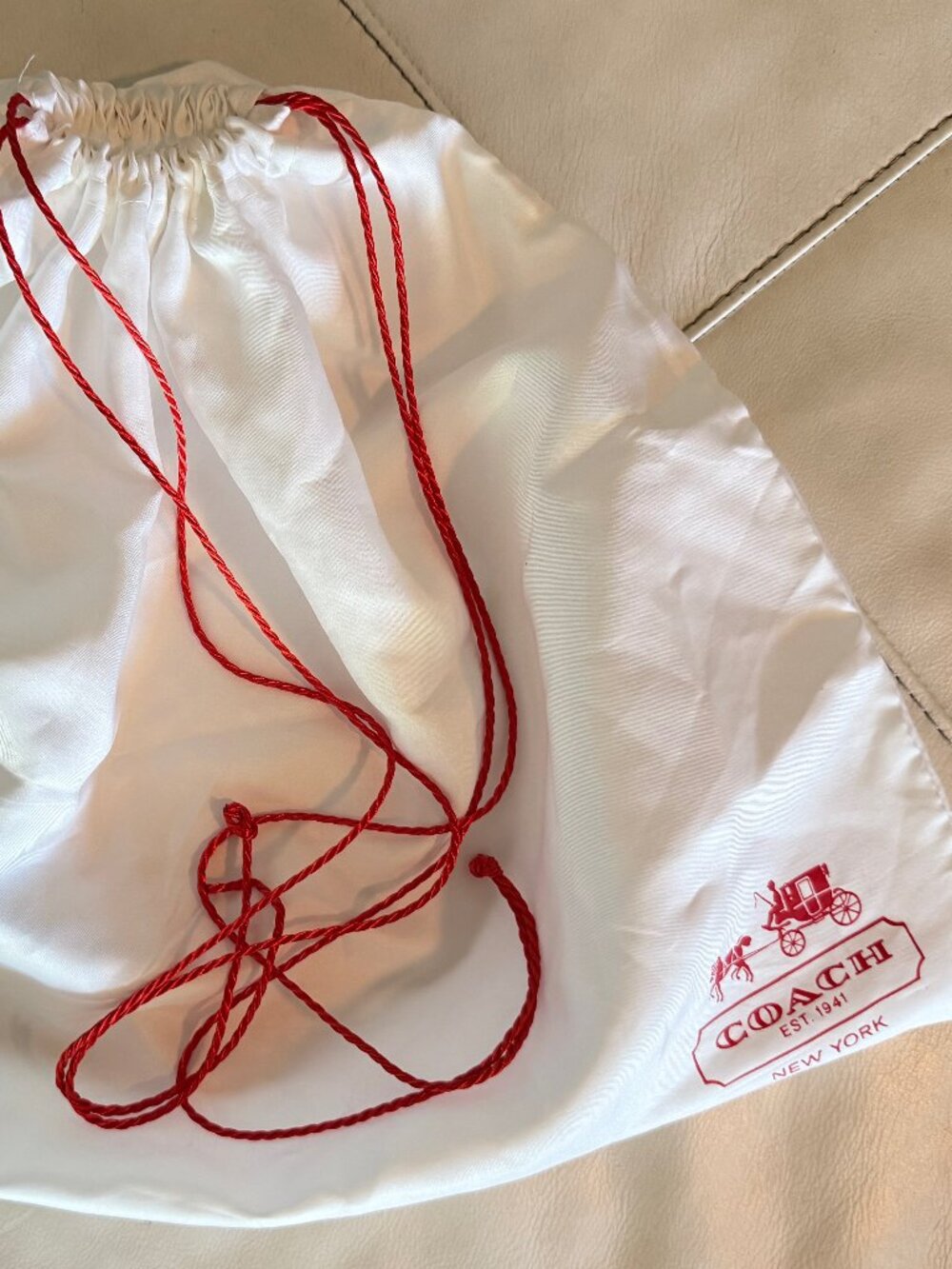 COACH Large Vintage White Dust Bag Red Horse Carriage Drawstring 19.5" x 15.5"